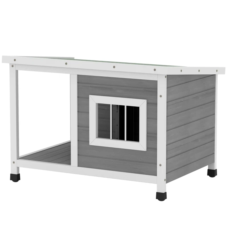PawHut Casa para Perros de Madera 85,5x62x60 cm con Techo Asfáltico Abatible Puerta y Ventana para Perros Pequeños Gris