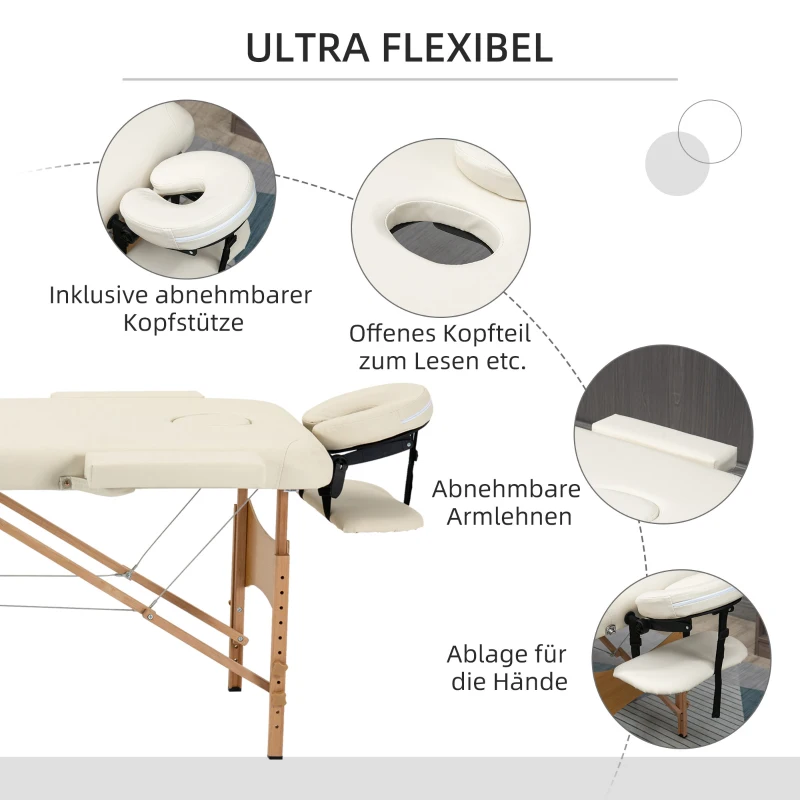 HOMCOM Massagetisch, klappbare Massageliege, höhenverstellbare Massagebank für Spa, Salon, Kunstleder, Holz, Cremeweiß(m-5)