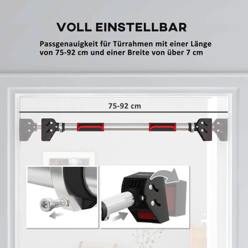 SPORTNOW Klimmzugstange für Türrahmen, verstellbar, ohne Bohren, Stahl, bis 200 kg, 75-92 x 10 x 7 cm, Schwarz/Rot