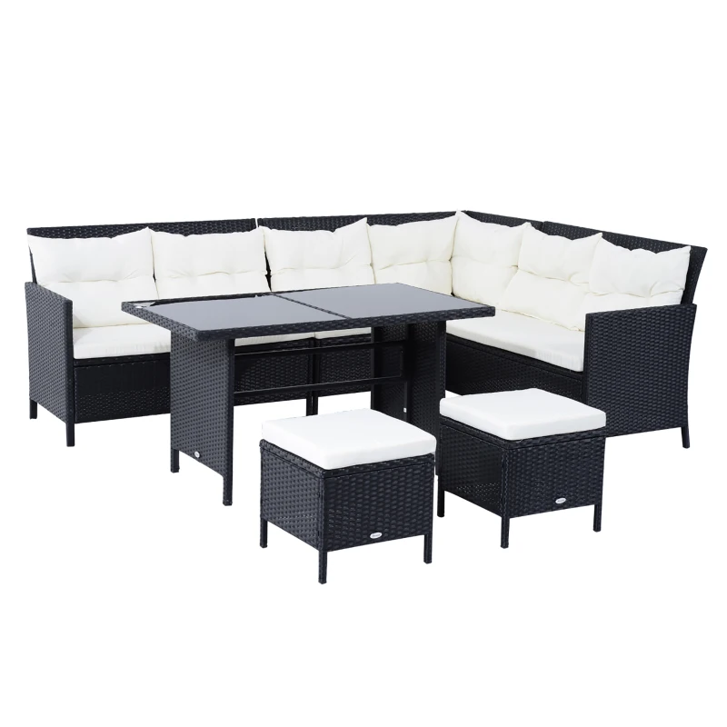 Outsunny Gartenmöbel-Set aus PE-Rattan für 7 Personen, abnehmbare Polster, Cremeweiß + Schwarz