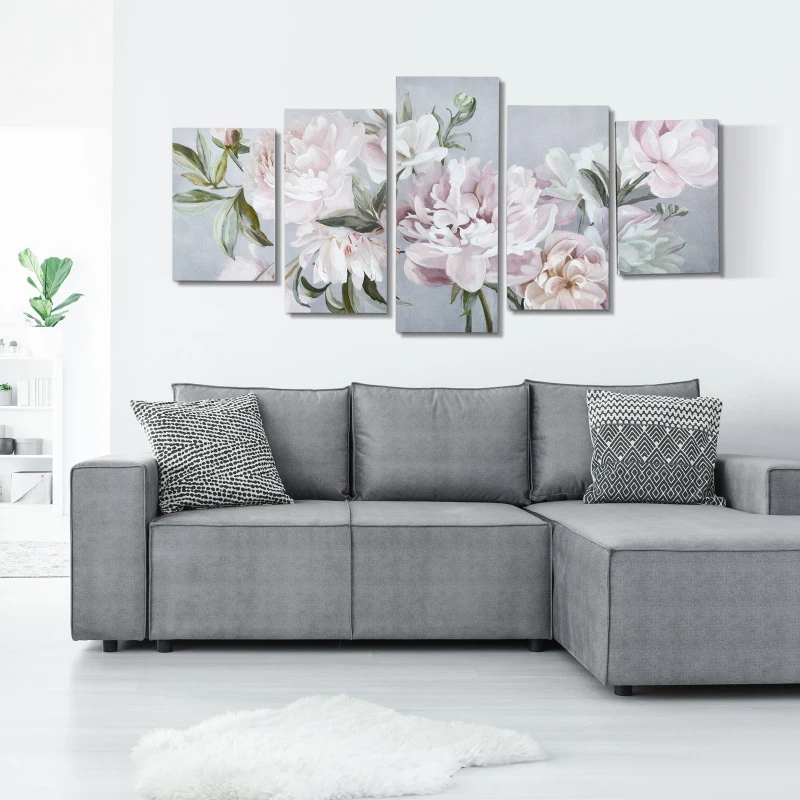 HOMCOM Stampa su Tela con Peonie, 5 Pezzi per Casa e Ufficio, Tela in Legno di Pino e Vernice ad Acqua, 200x100cm, Multicolore