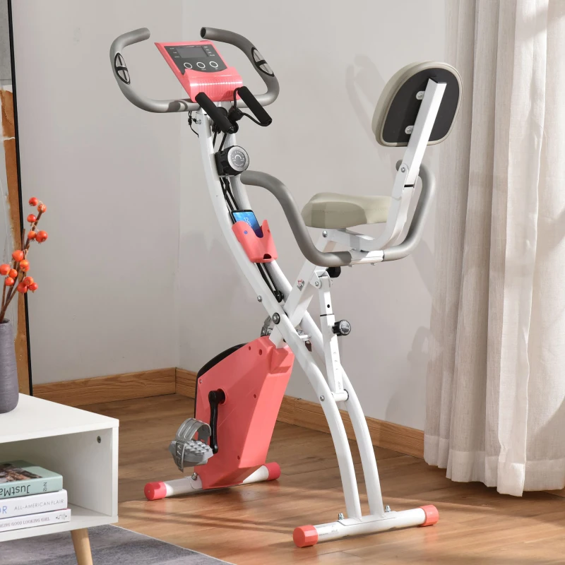 HOMCOM Vélo d'appartement pliable, vélo d'exercice, home traîner pour adultes, 8 niveaux de résistance magnétique, capteurs pouls main, écran LCD multifonction, selle réglable, acier, rose, blanc