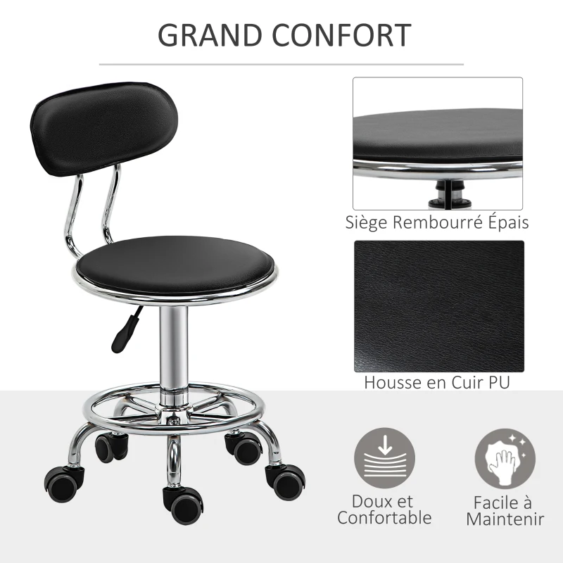 HOMCOM Tabouret à roulettes tabouret de massage pivotant 360° - ergonomique avec dossier - hauteur assise réglable 43,5-59 cm - revêtement synthétique noir et métal chromé