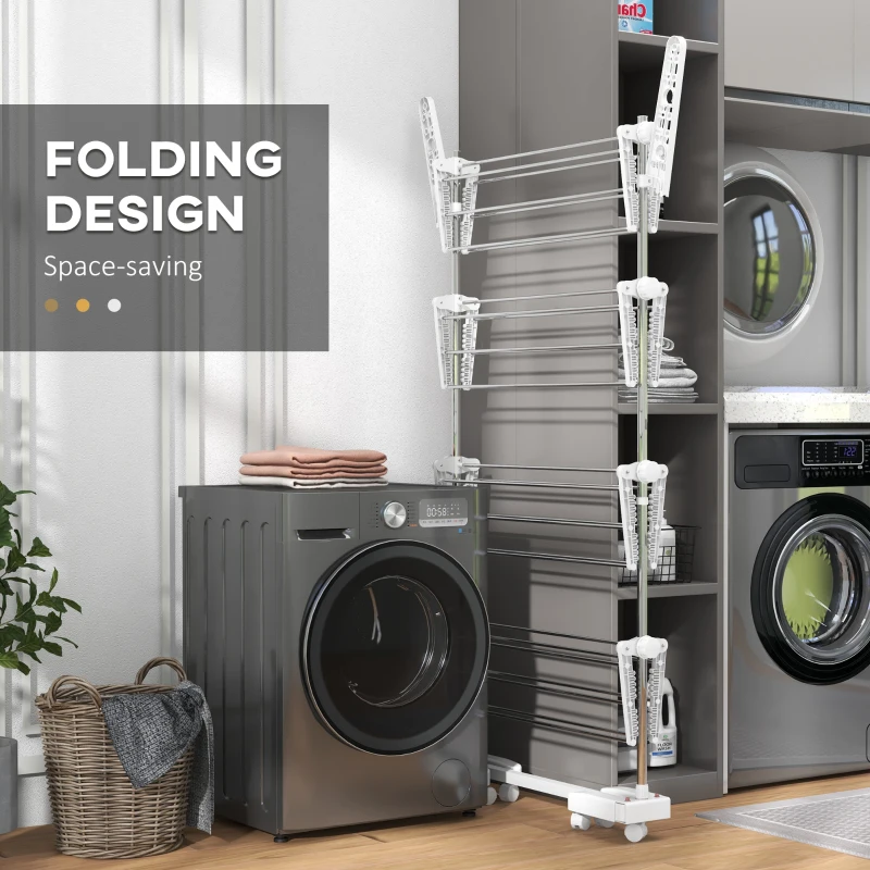 HOMCOM Mobiler Wäscheständer mit Rollen, 4 Ebenen, klappbar, Edelstahl, rostfrei, weiß+silber, 142 x 55 x 172 cm