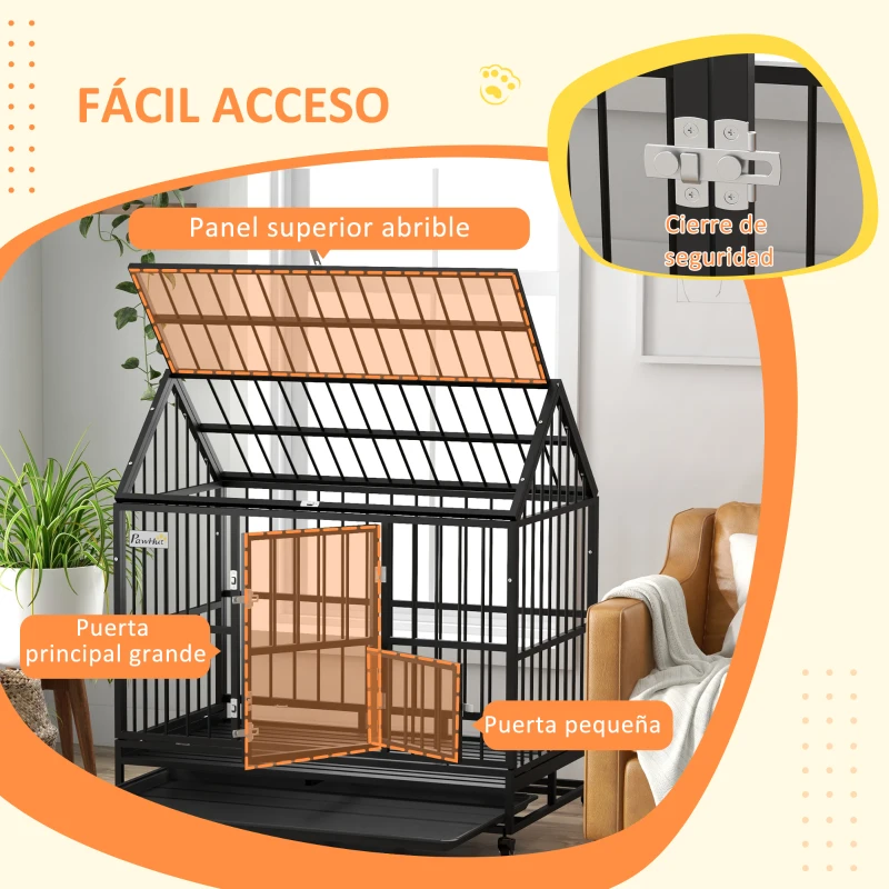 PawHut Jaula para Perros 123x74x125 cm con Ruedas Bandeja Extraíble Cerraduras 2 Puertas Frontal y 1 Puerta en Techo Negro