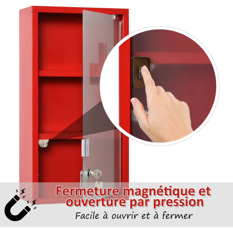 kleankin Armoire à Pharmacie 2 étagères 3 Niveaux verrouillable Porte Verre trempé dépoli Logo Croix 25L x 12l x 48H cm métal Rouge