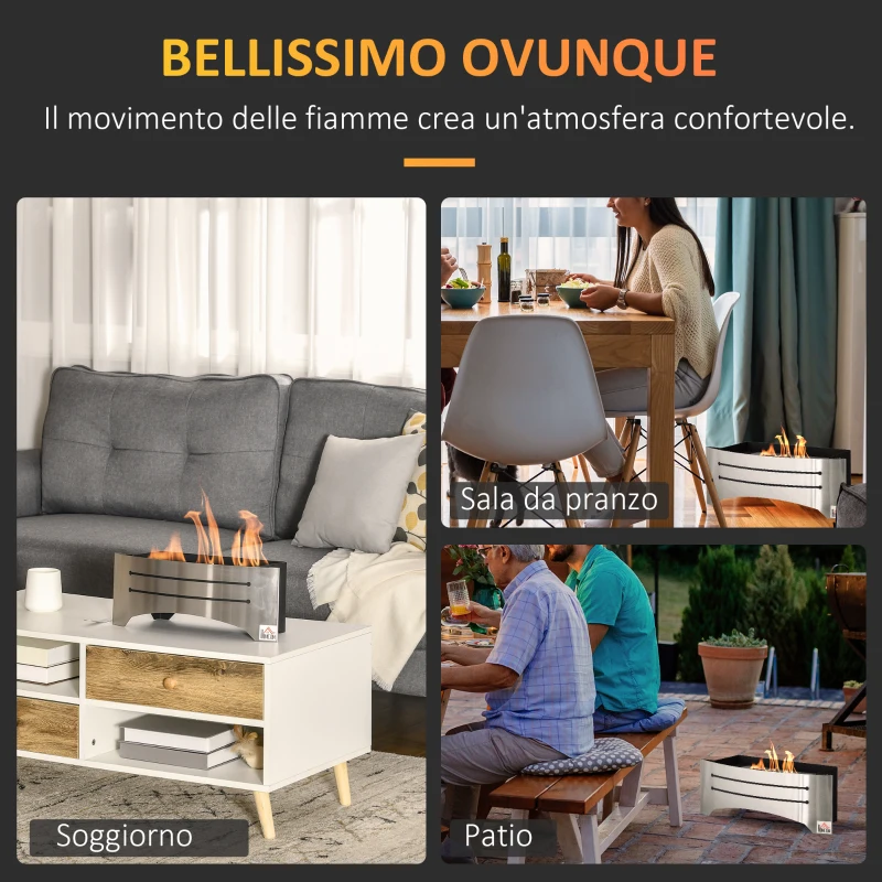 HOMCOM Camino Bioetanolo in Acciaio Inox, 3h di Combustione con Serbatoio 1.5L e Copertura 25m², 45x18x17 cm, Argento