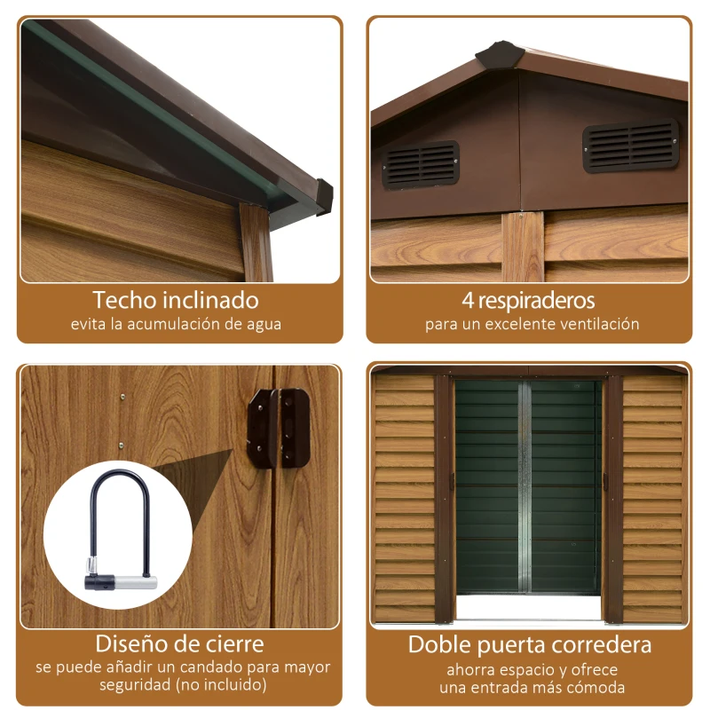 Outsunny Cobertizo de Jardín Exterior 3 m² 236x152x209 cm con 2 Puertas Corredizas y 4 Ventanas Natural y Café