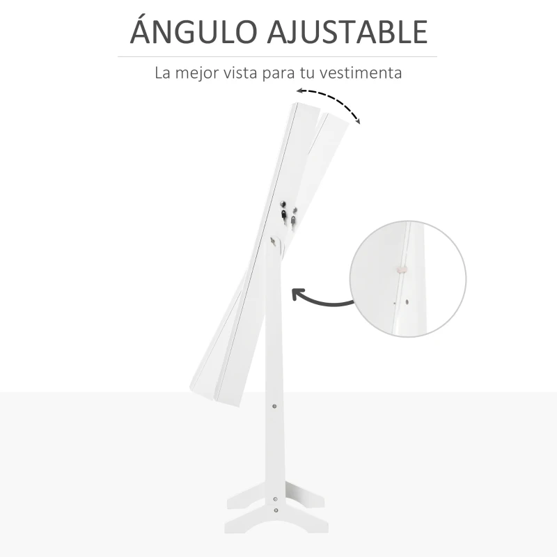 HOMCOM Espejo Joyero de Pie con Ángulo Ajustable y Ranuras para Pendientes Anillos y Collares 46x36,5x151,5 cm Blanco