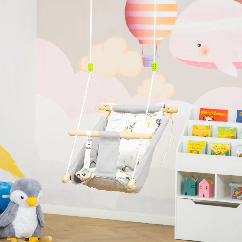 Outsunny Altalena per Bambini 6-36 Mesi in Legno e Cotone, 70x45x160cm, Grigio