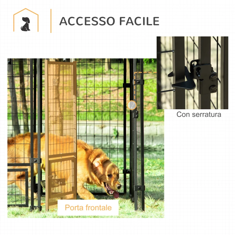 PawHut Recinto per Cani da Esterno con Serratura, 2 Ciotole Girevoli e Copertura Rimovibile, Nero e Rosso(m-7)