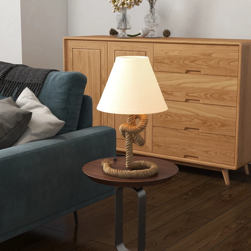 HOMCOM Lámpara de Mesa LED con Base de Metal Cuerda de Lino y Pantalla de Tela Max.40W Ø28x45,5 cm Marrón y Beige