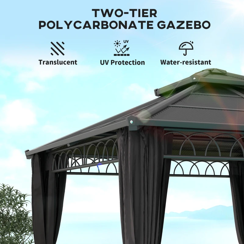 Outsunny 3 x 3 (m) Outdoor Polycarbonate Gazebo, Double Roof Hard Top Gazebo with Galvanised Steel Frame, Nettings & Curtains for Garden, Lawn, Patio and Deck, Dark Grey
