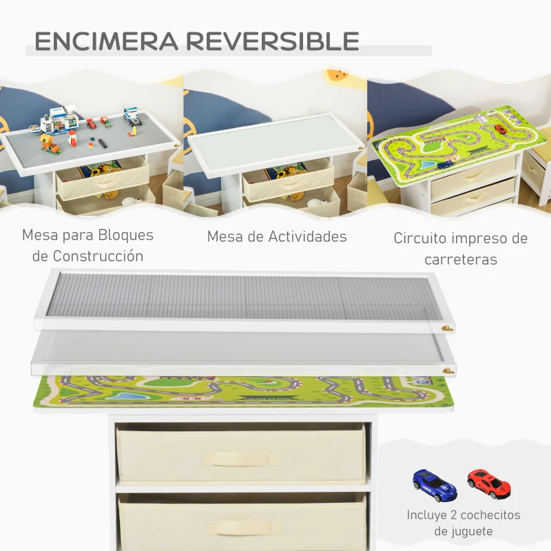 HOMCOM Juego de Mesa y Sillas Infantil de Madera 3 en 1 con 5 Cajones Tejidos de Almacenaje Mesa de Actividades para Bloques de Construcción y con Mapa de Ruta Color Natural