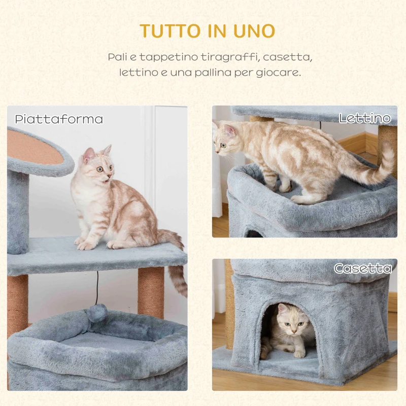 PawHut Tiragraffi per Gatti con Pali in Juta, Casetta e Cuscino, Rivestimento Peluche, Altezza 84cm, Grigio