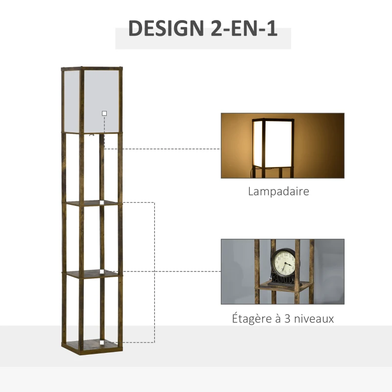 HOMCOM Lampadaire étagère Lampe étagère 26L x 26l x 160H cm 3 étagères 4 Niveaux MDF Blanc et Marron