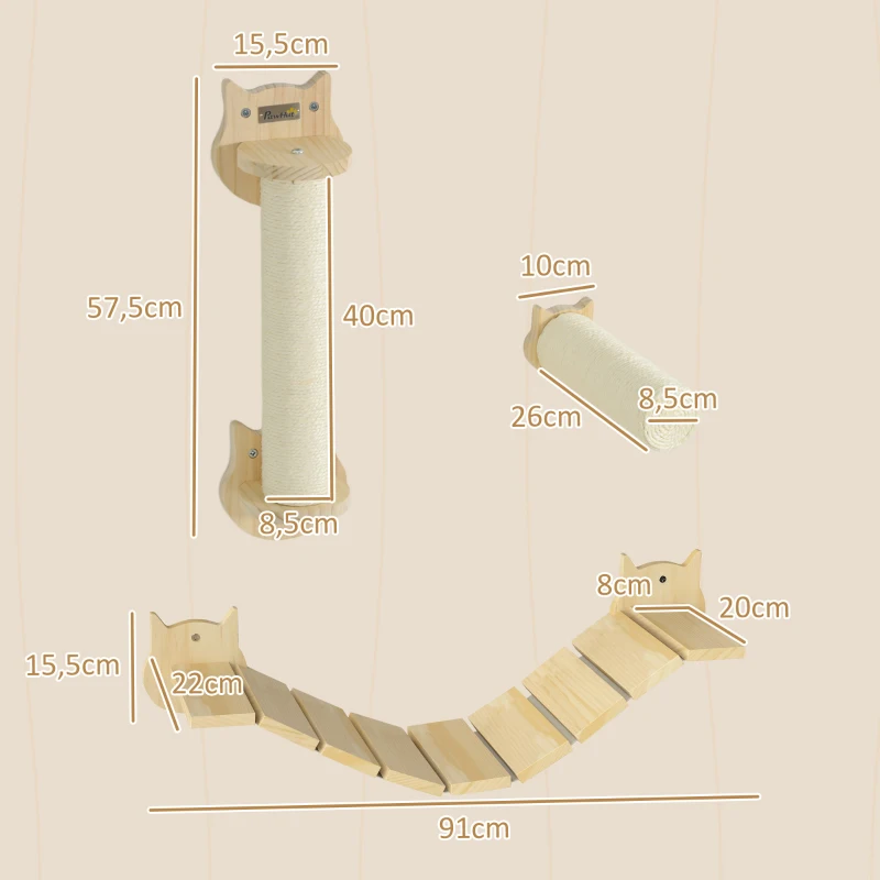 PawHut 3-teiliges Katzenkletter-Set, wandmontierter Katzenbaum mit Kratzpfosten, Stufe, Leiter, Naturholz