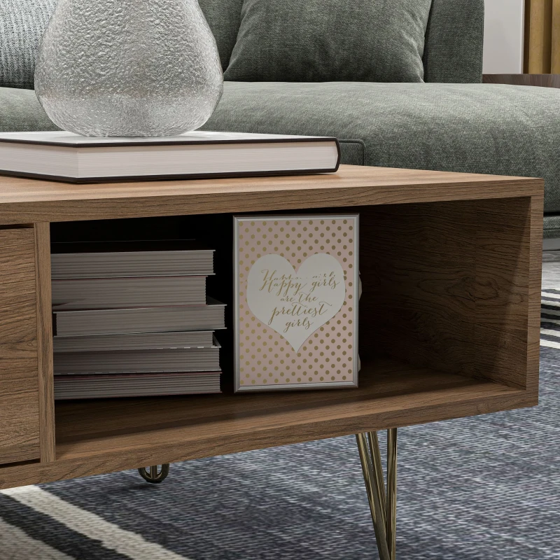 HOMCOM Tavolino da Caffè con 2 Ripiani Aperti e 2 Cassetti in Truciolato e Metallo, 95x62x36.5 cm