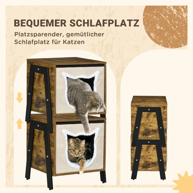 PawHut Katzenhöhle im Industriedesign inkl. Kissen, Katzenhaus, waschbares Kissen, Braun + Weiß