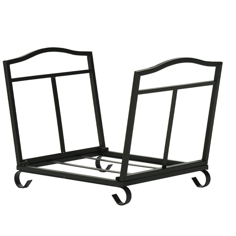 Outsunny Metal Firewood Log Holder Indoor Outdoor Folding Firewood Rack Fireplace Wood Storage Shelf w/ Scrolls, Rust-Resistant, Black, 48L x 34W x 37Hcm