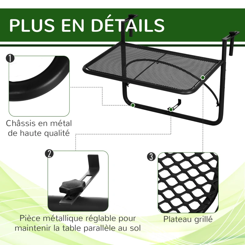 Outsunny Table Suspendue pour Balcon dim. 60L x 56,5l cm Hauteur réglable 3 Niveaux métal époxy Noir