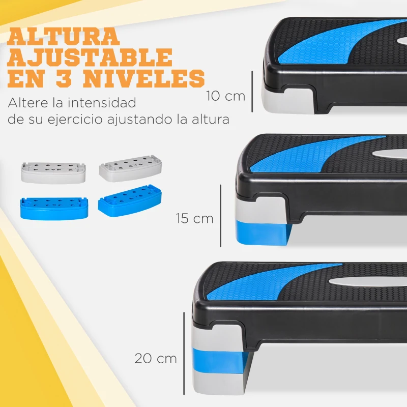 HOMCOM Step de Aeróbic Step para Fitness Antideslizante con Altura Regulable 3 Niveles de 10/15/20 cm Tabla Plataforma Stepper para Ejercicio en Casa Gimnasia Carga 150 kg 80x31x20 cm Azul y Negro