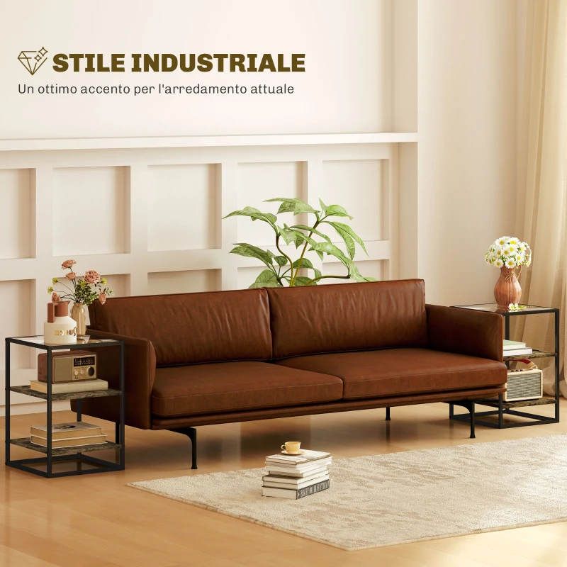 HOMCOM Set 2 Tavolini da Soggiorno a 3 Livelli in Legno e Metallo con Piano in Vetro Temperato, 37x40x55.5 cm, Marrone