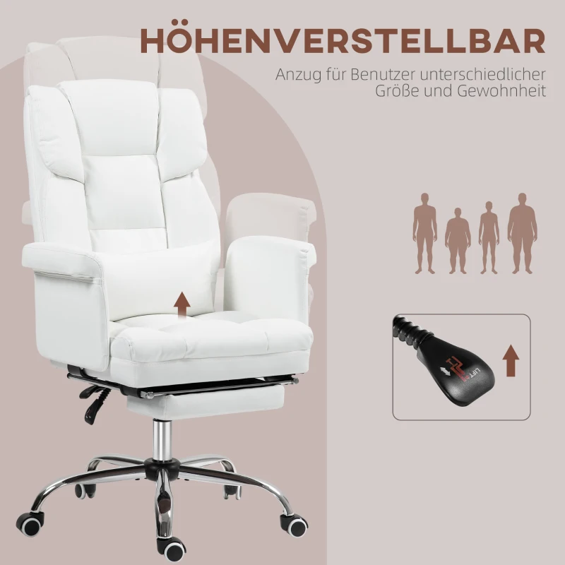 HOMCOM Ergonomischer Bürostuhl, höhenverstellbar 48-56 cm, neigbare Rückenlehne, Fußstütze, Weiß(m-7)