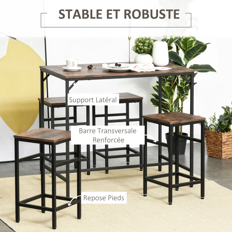 HOMCOM Ensemble table de bar industriel + 4 tabourets repose-pieds en bois couleur chêne cadre en métal noir