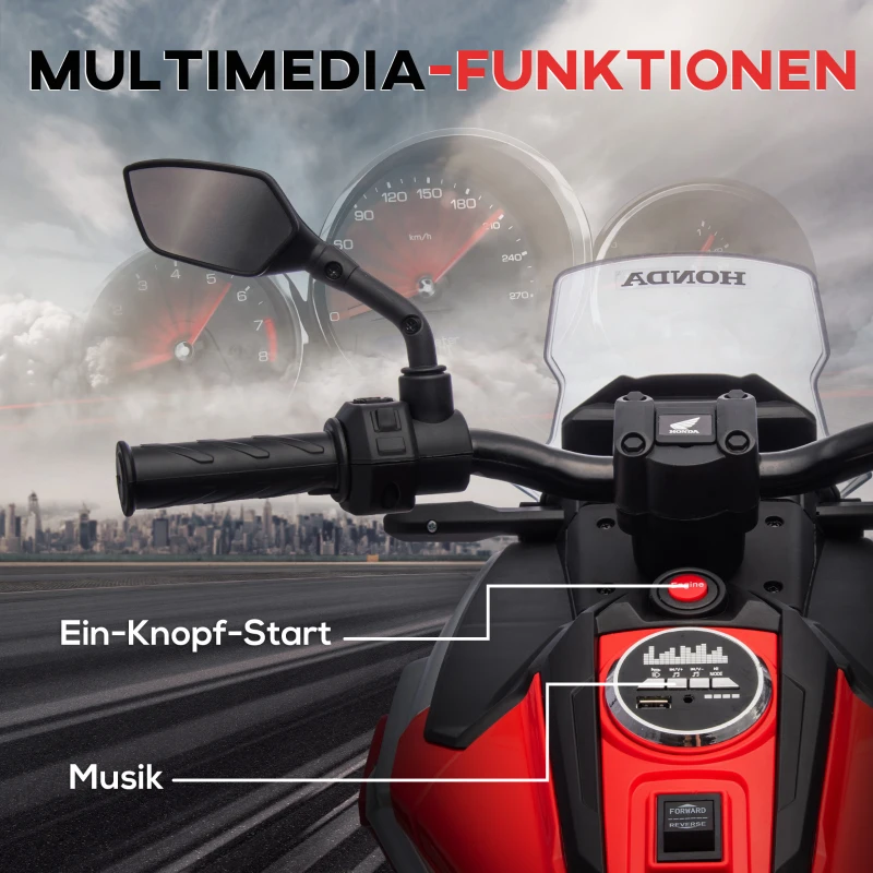 AIYAPLAY Elektro-Kindermotorrad, Honda, 3 km/h, Musik & Licht, 3-6 Jahre, bis 30 kg, Rot(m-5)