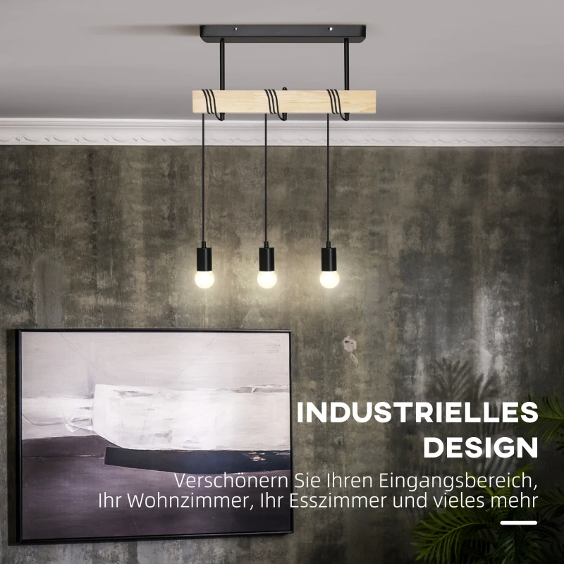 HOMCOM Pendelleuchte, Hängelampe, 3-flammig, höhenverstellbar, Industrial Design, Metall+Holz, schwarz