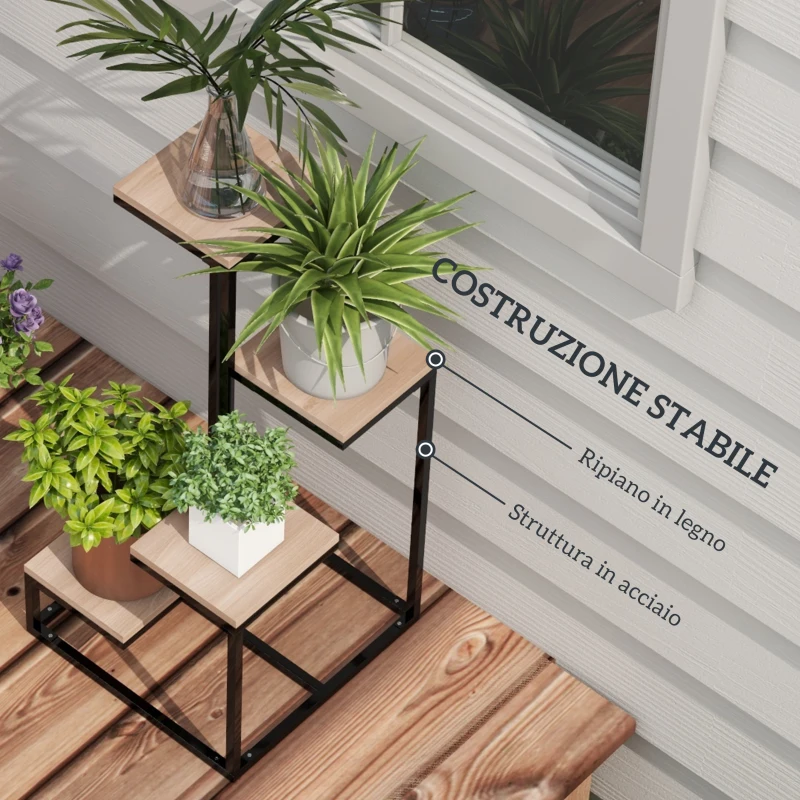 Outsunny Scaffale per Piante a 4 Livelli in Acciaio e Legno, 40x40x75.5 cm, Marrone e Nero