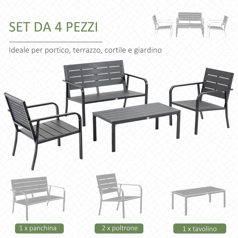 Outsunny Set Salotto da Giardino da 4 Pezzi con Panchina a 2 Posti, 2 Poltrone e Tavolino, Grigio Scuro