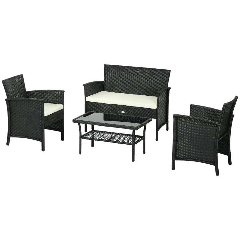 Outsunny Salotto da Esterno Rattan PE con Divano 2 Posti, 2 Poltrone con Cuscini e Tavolino in Vetro, Nero