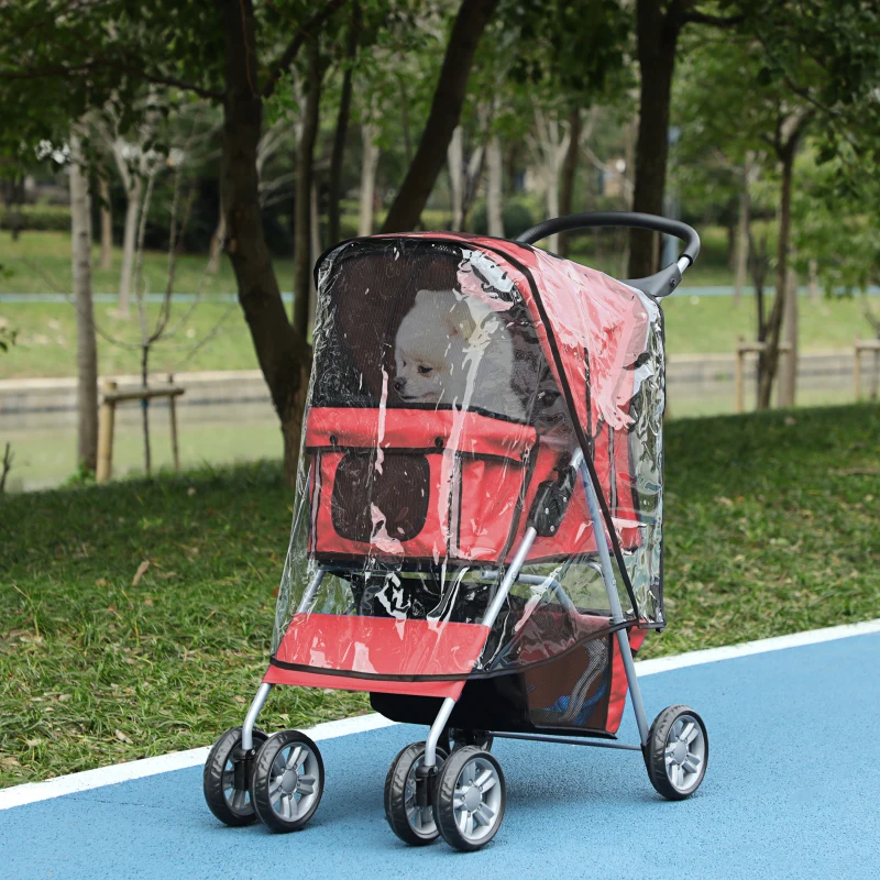 PawHut Dog Stroller with Rain Cover for Small Miniature Dogs, Folding Pet Pram with Cup Holder, Storage Basket, Reflective Strips, Red
