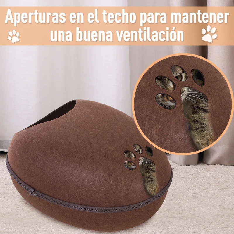 PawHut Cueva Gato Cama para Gato de Forma de Cáscara Semi-Cerrado Casa para Gatos Interior Desmontable Fieltro 47x38x24cm