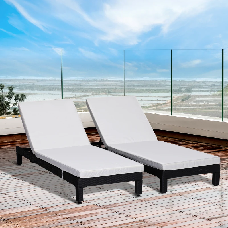 Outsunny Conjunto de 2 Tumbonas de Jardín Tumbonas de Ratán PE Reclinable en 5 Posiciones para Terraza Patio 196x65x22 cm Negro