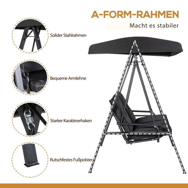 Outsunny Hollywoodschaukel, 2-Sitzer Gartenschaukel mit verstellbarem Dach, bis 220 kg belastbar, 145 x 116 x 172 cm, Schwarz