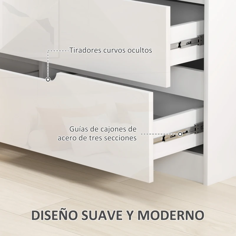 HOMCOM Cómoda con 6 Cajones Cómoda de Dormitorio Moderno con Anti-vuelco Cajonera para Salón Pasillo 120x40x75 cm Blanco