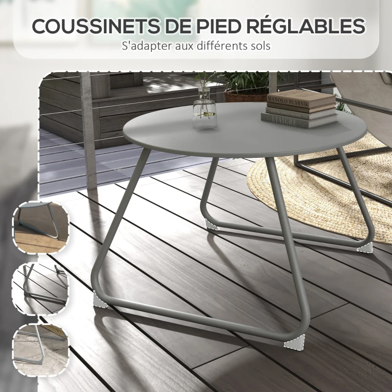 Outsunny Table basse de jardin ronde, table d'appoint extérieur, Ø60 cm, patins antidérapants réglables, métal époxy, gris