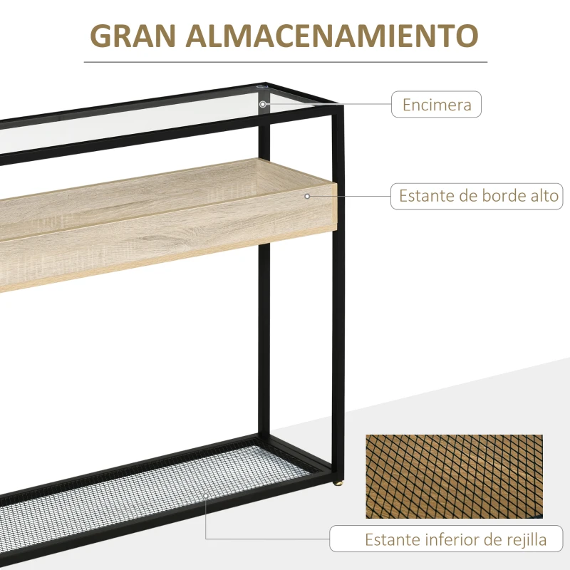 HOMCOM Mesa Consola de Entrada 108x28x85 cm Mueble Recibidor con Encimera de Cristal Estante y Rejilla Inferior Marco de Acero para Pasillo Salón Extremo del Sofá Negro