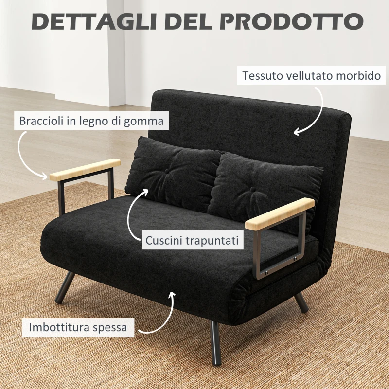 HOMCOM Divano Letto 3 in 1 in Tessuto Effetto Velluto con Schienale Regolabile e 2 Cuscini, 102x73x81 cm, Nero
