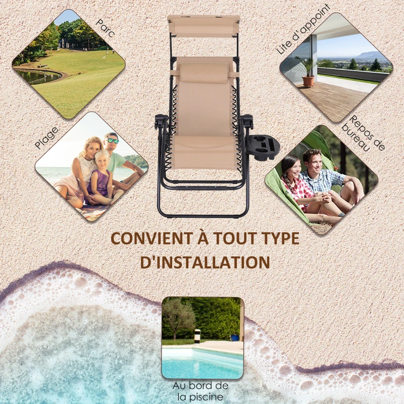 Outsunny Chaise Longue Pliable de Jardin Bain de Soleil zéro gravité Pare-Soleil et Dossier réglable Plateau Porte gobelet Accessoires Metal textilène Beige
