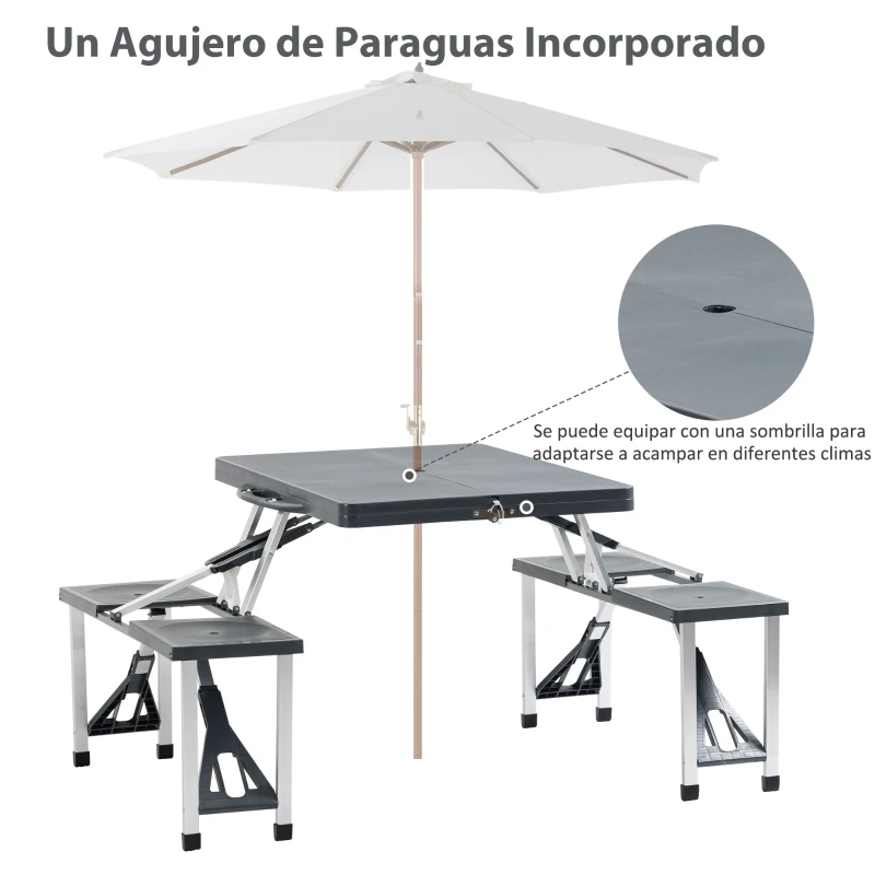 Outsunny Mesa Maleta de Camping Plegable Portátil 4 Asientos y Agujero Sombrilla Estructura Aluminio Playa Picnic 136x84,5x66 cm (Gris)