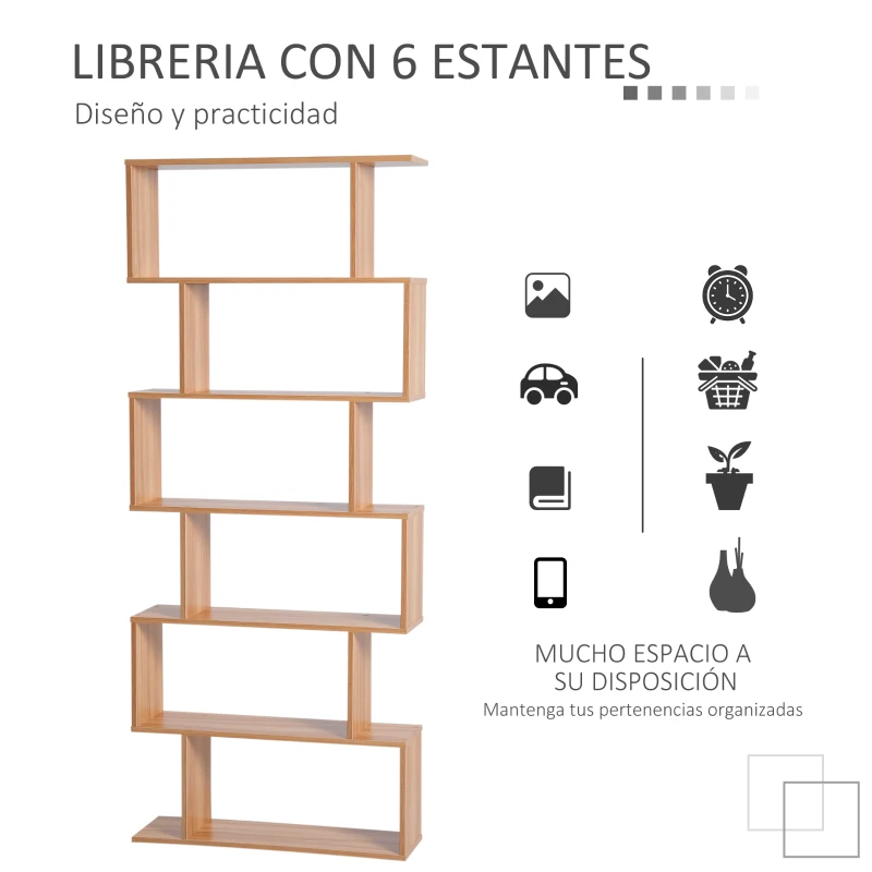 HOMCOM Estantería para Libros Moderna Librería con 6 Estantes para Comedor Salón Estudio 80x23x192 cm Natural