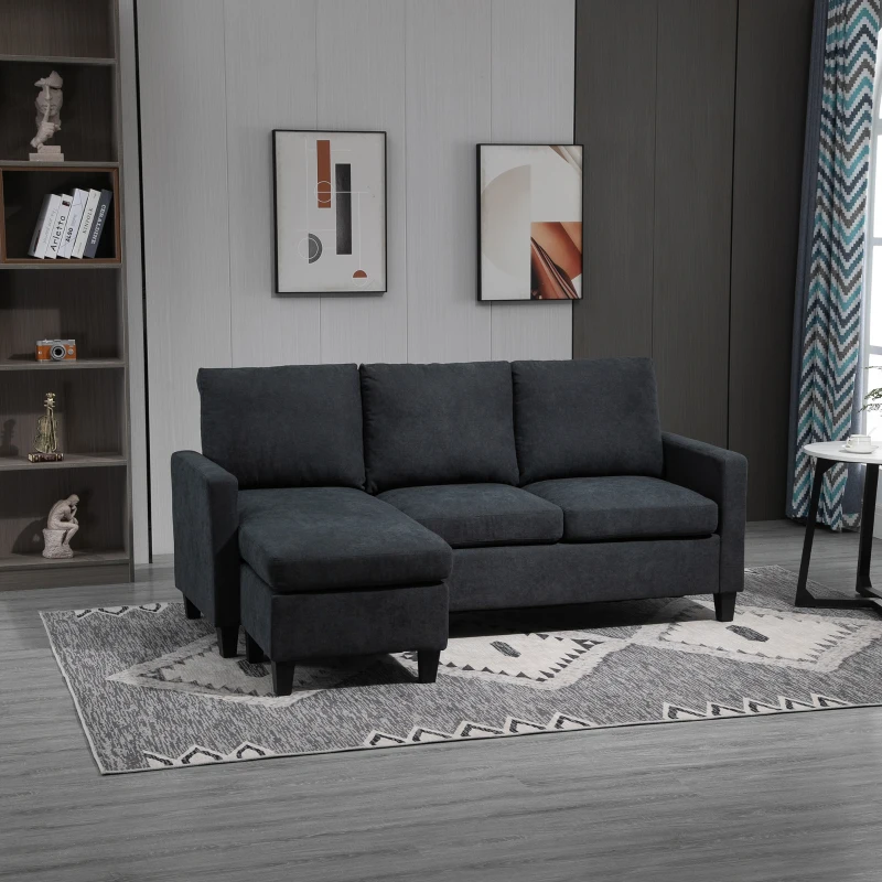 HOMCOM Canapé d'angle canapé 3 places avec méridienne réversible gauche ou droite pour salon, bureau, appartement, tissu polyester 197L x 139l x 91H cm gris foncé