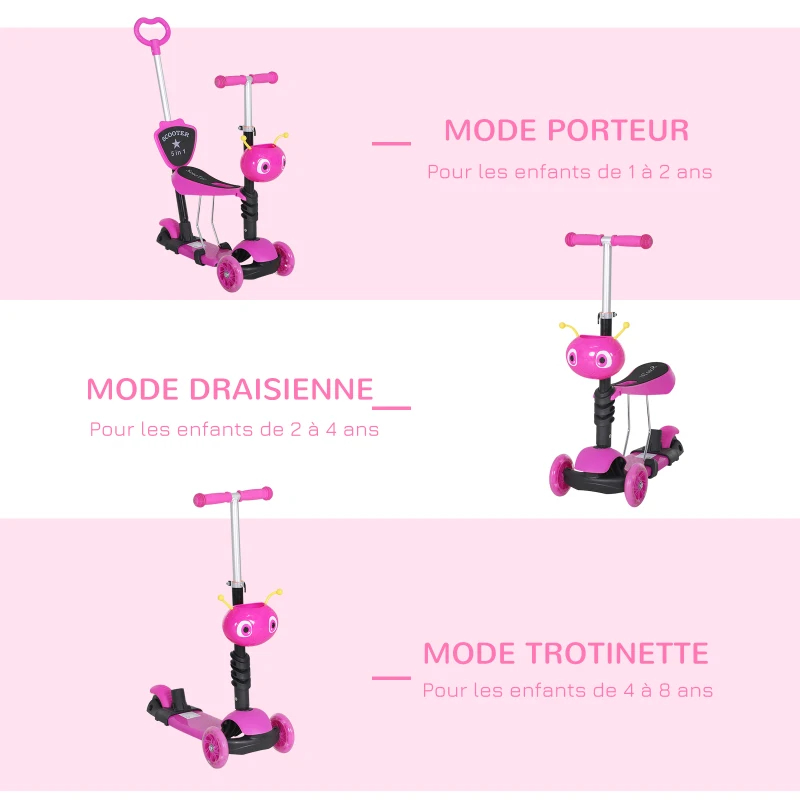 HOMCOM 5 en 1 Trottinette pour Enfants Trottinette 3 Roues évolutive Hauteur Guidon réglable charge max. 60 Kg Canne télescopique Selle Dossier Amovible Rose