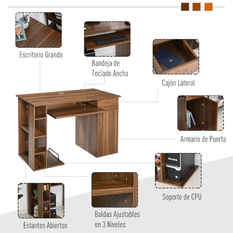 HOMCOM Mesa Escritorio para PC Mesa de Ordenador con Estantes abiertos y baldas Ajustables Armario Soporte para CPU y Bandeja Extraíble 120x60x74 cm Madera Natural