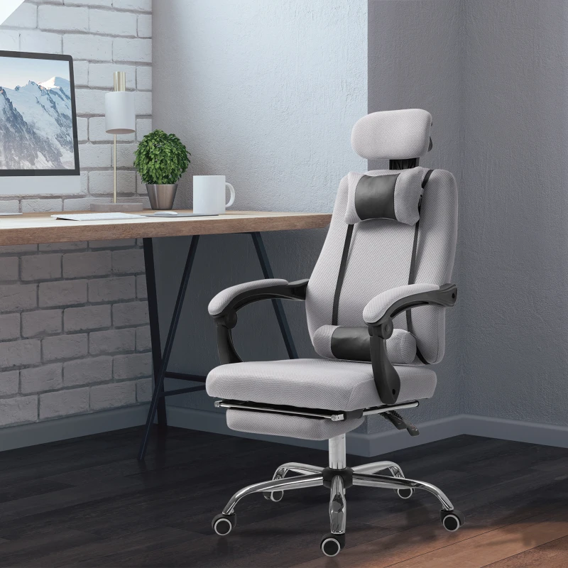 HOMCOM Fauteuil de bureau manager grand confort repose-pied tétière + coussin lombaires intégrés dossier inclinable revêtement tissu micro perforé gris noir