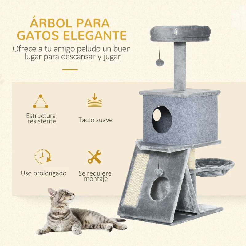 PawHut Árbol Rascador para Gatos Torre para Gatos con Múltiples Espacios para Jugar y Descansar 50x40x111 cm Gris